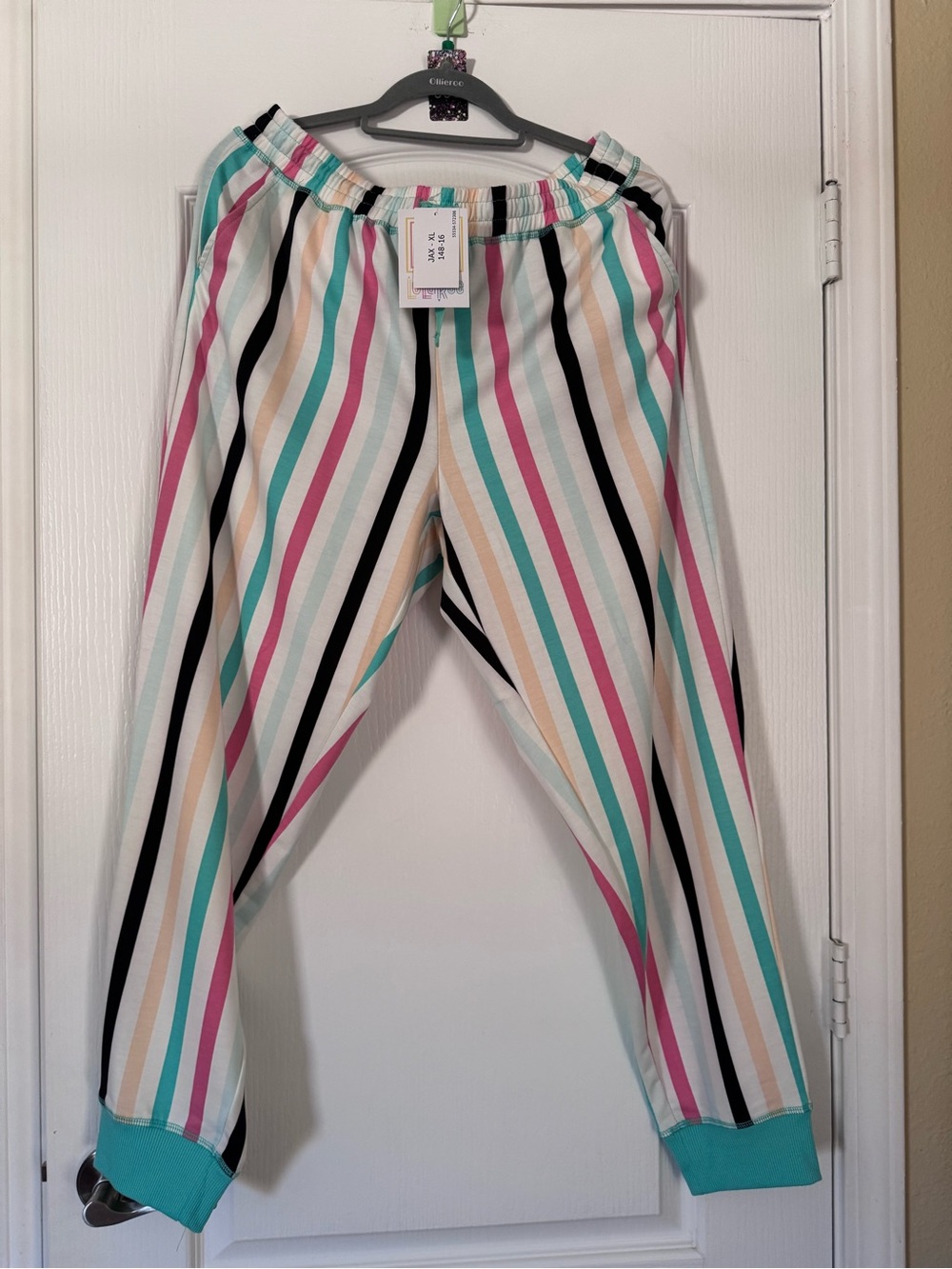 Jax Girls White Multicolor Striped Jax Joggers with Teal Cuffs NWT XL